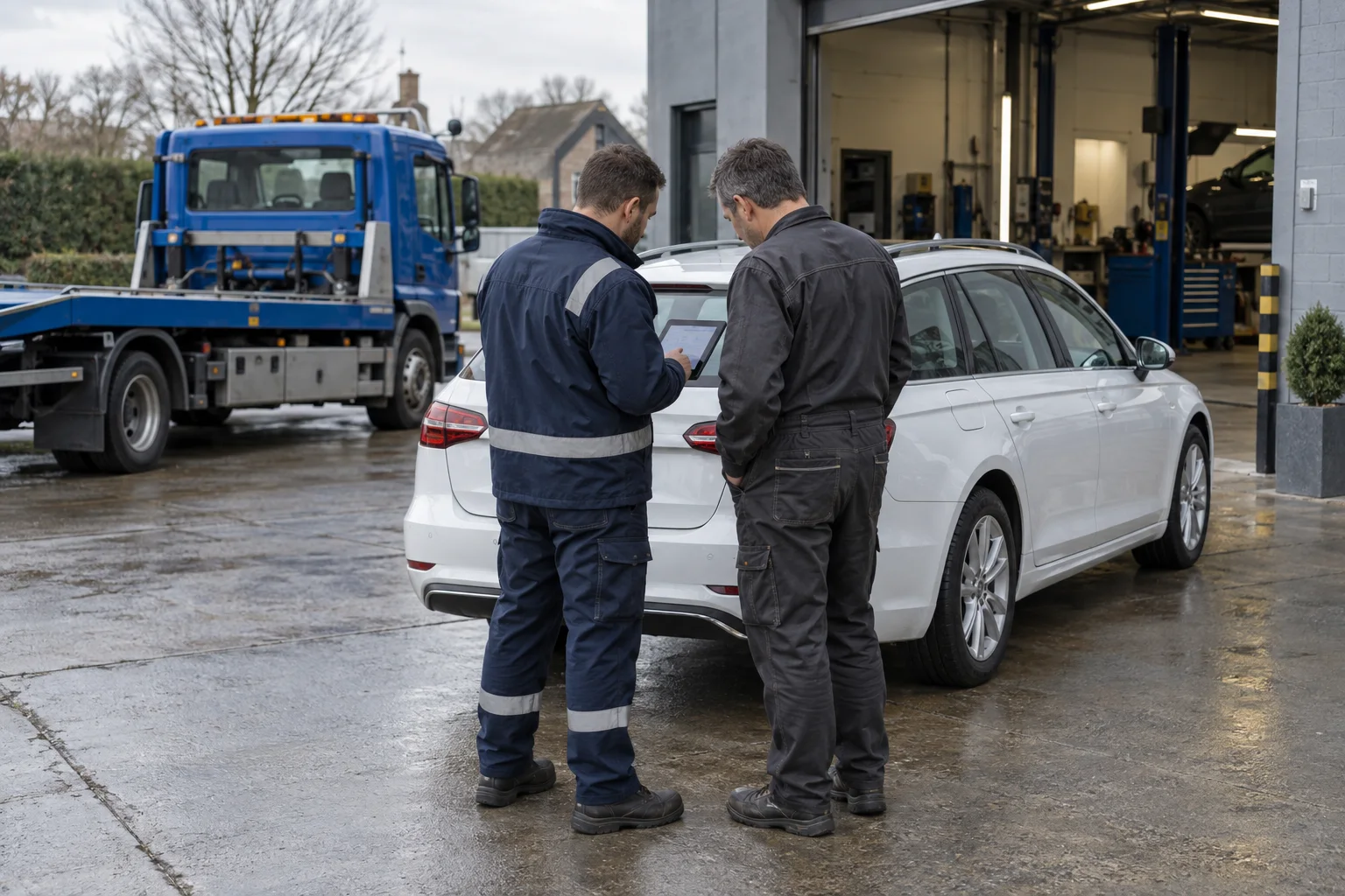 Illustrative scene of a recovery driver and garage mechanic reviewing a vehicle handover together